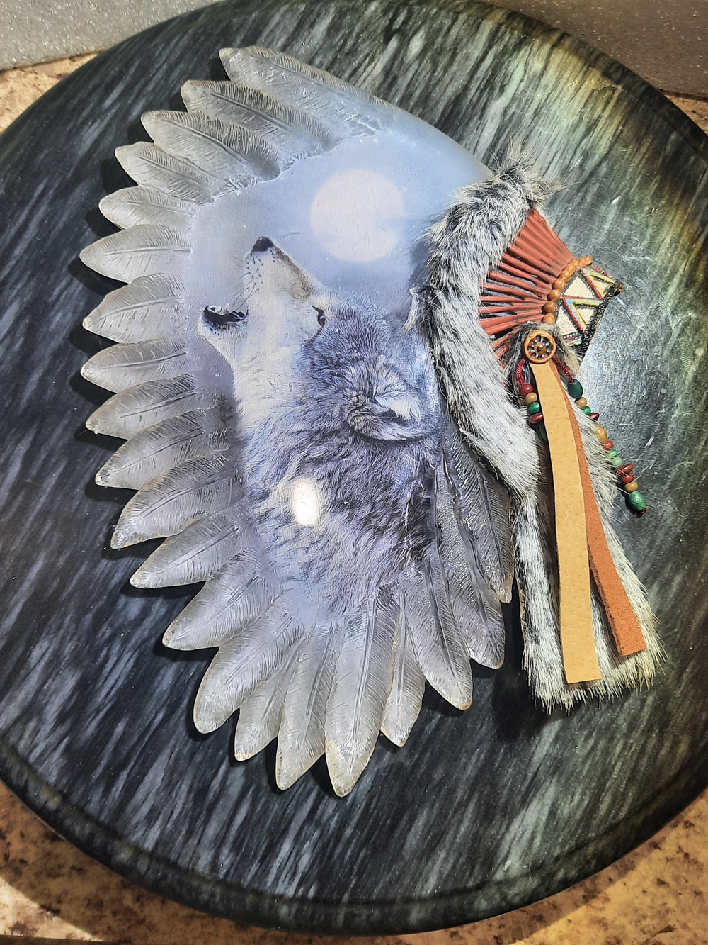 Wolf Feather Wall Art with Fur & Beaded Tassels - Blue Gray